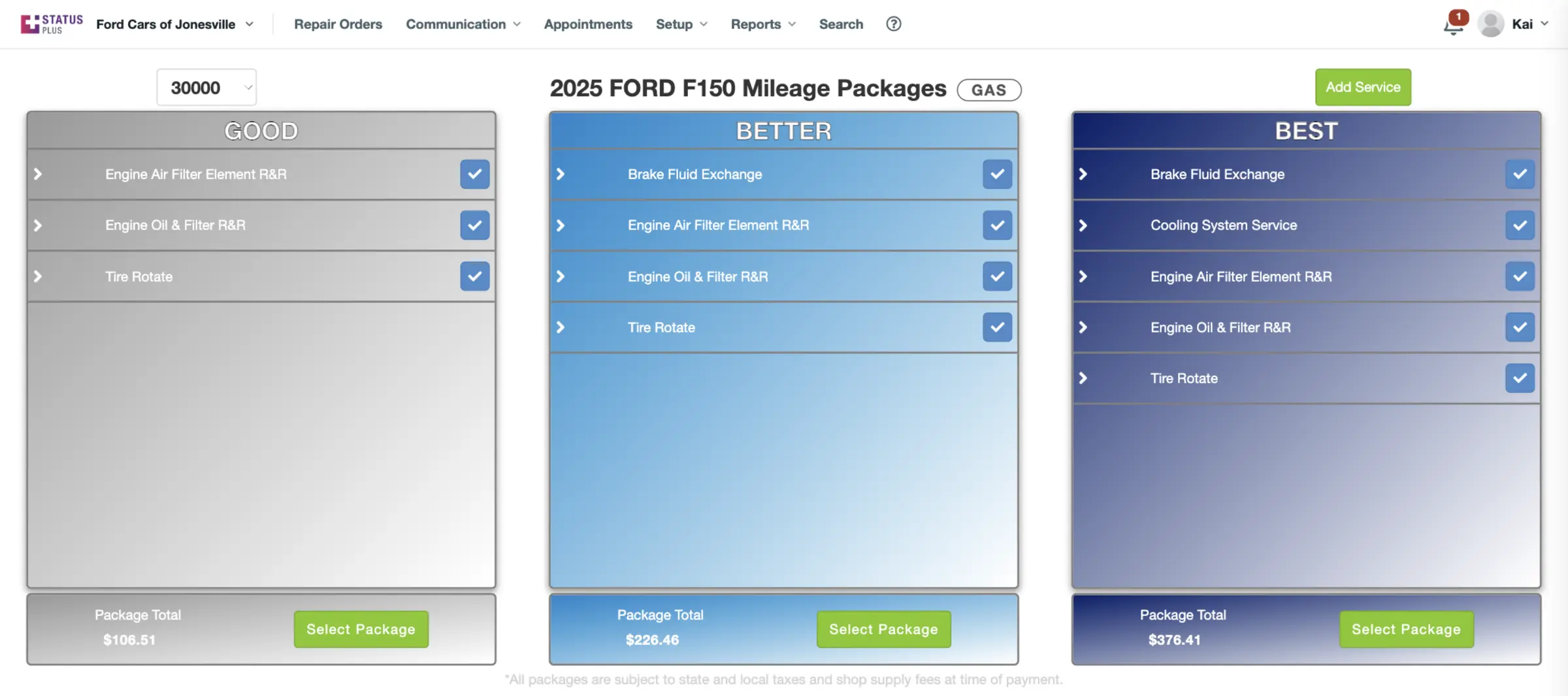 The Service Menu Plus menu for a 2025 Ford F-150, with the BEST package of five services and its package total