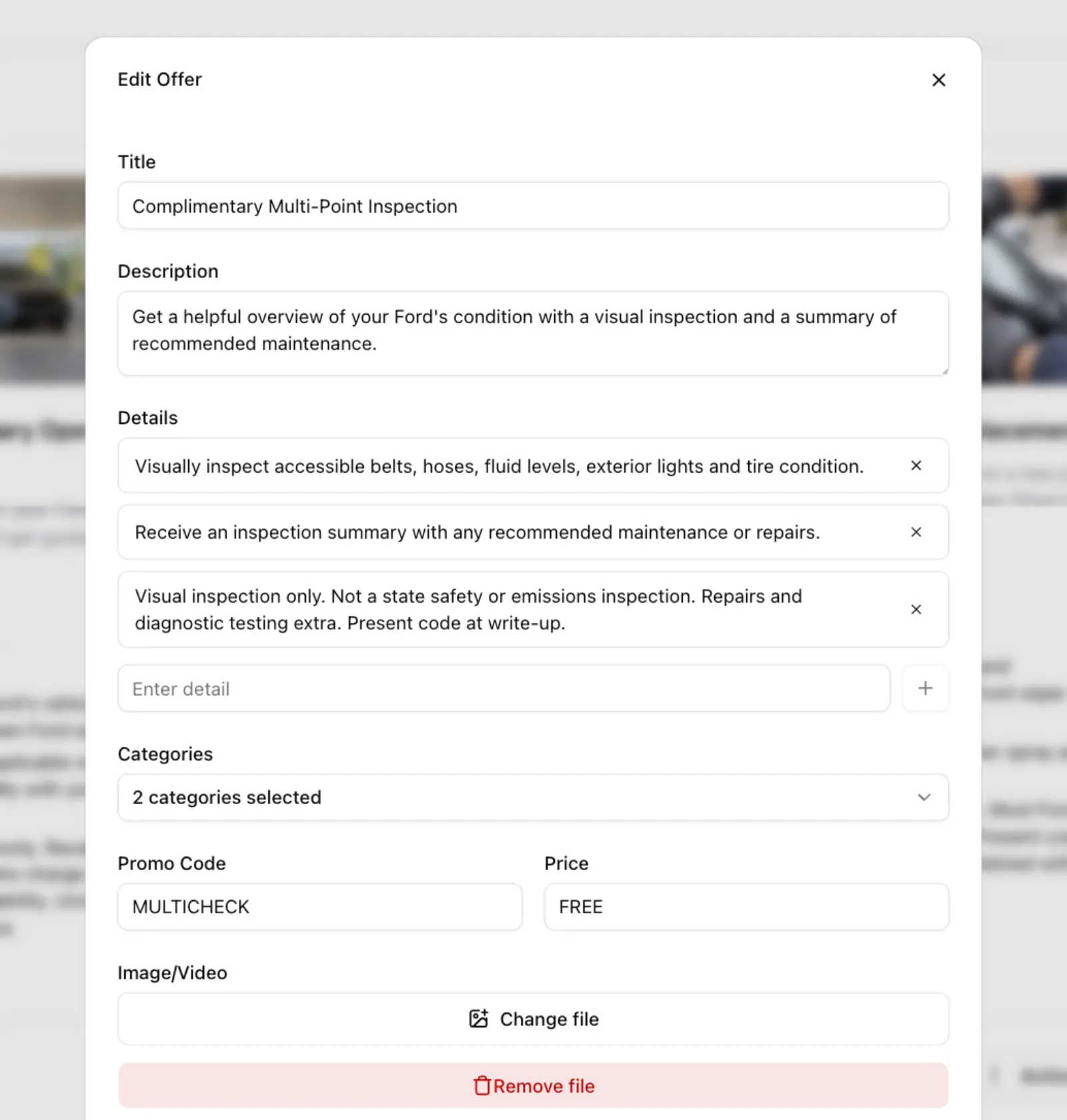 The Service Specials Plus offer editor for a complimentary multi-point inspection, with its title, description, three detail bullets and two categories selected