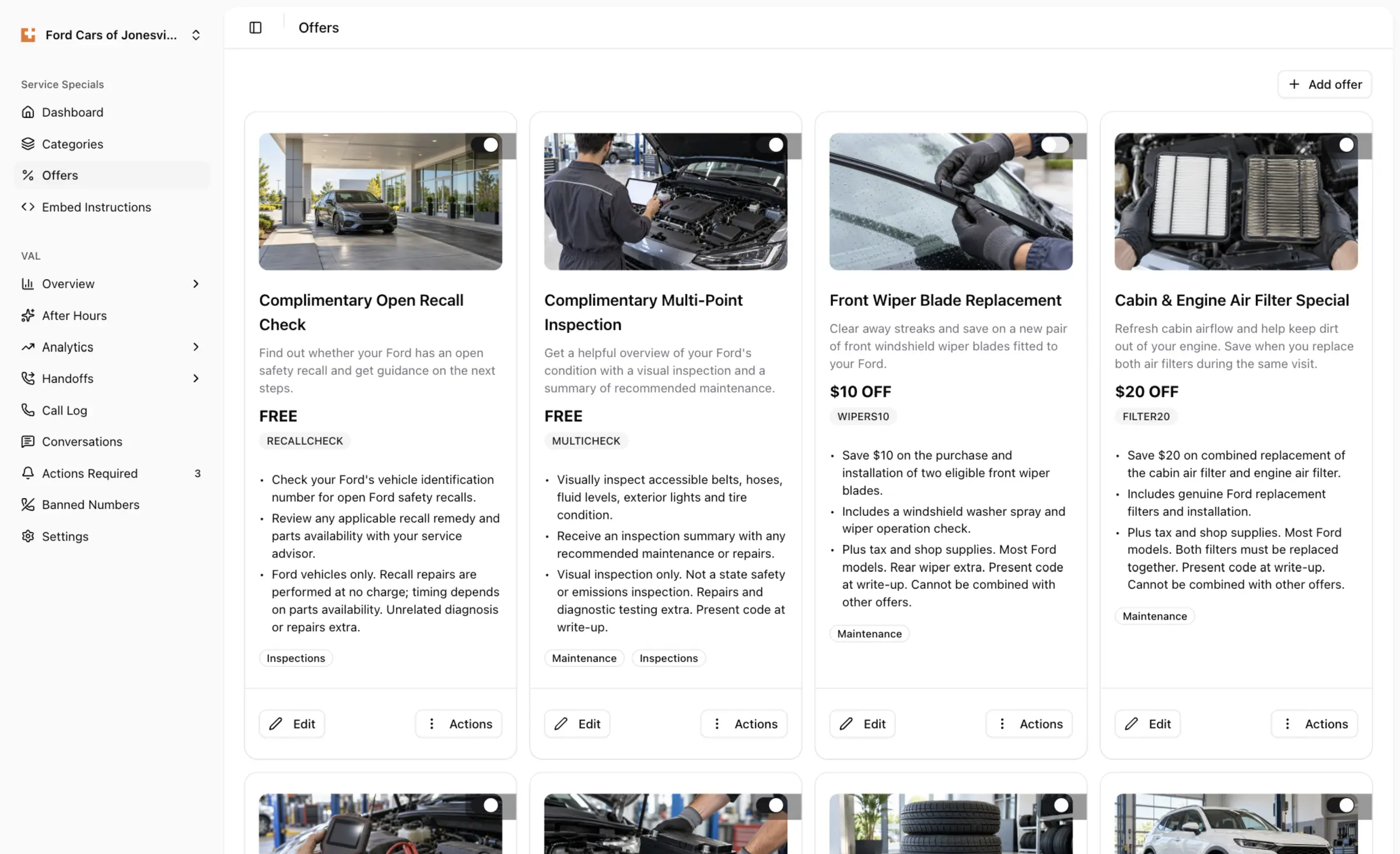 The Service Specials Plus offers grid, led by a Complimentary Open Recall Check offer with its photo, price, promo code, details and category