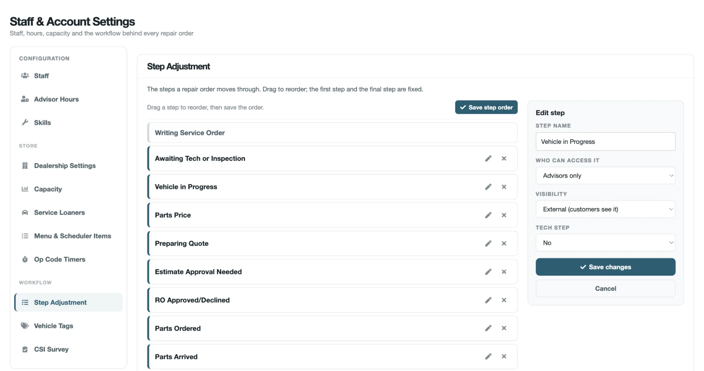 Status Plus step settings: the store’s repair order steps listed in order, starting with Writing Service Order, Awaiting Tech or Inspection and Vehicle in Progress